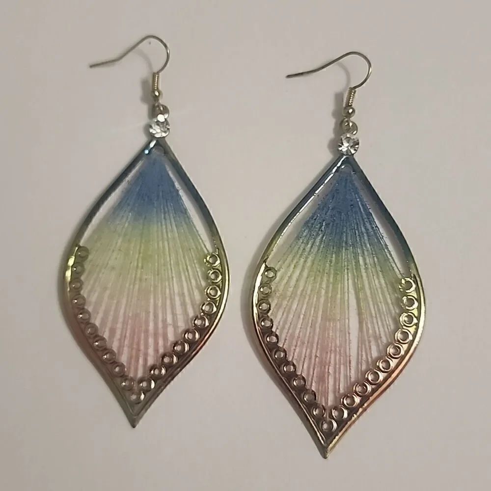 Teardrop Fiber Thread Dangle Drop Earrings Guitar String Multicolor Blue Green